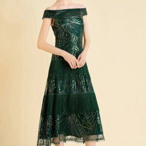 Babeyond Geometric Embroidery Off Shoulder Evening Gown Dark Green Size 10